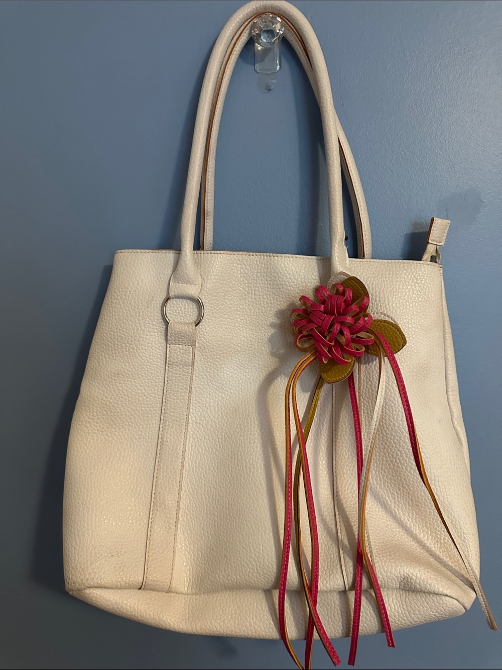 Women's Cream Tote Bag with Pink Flower Accent